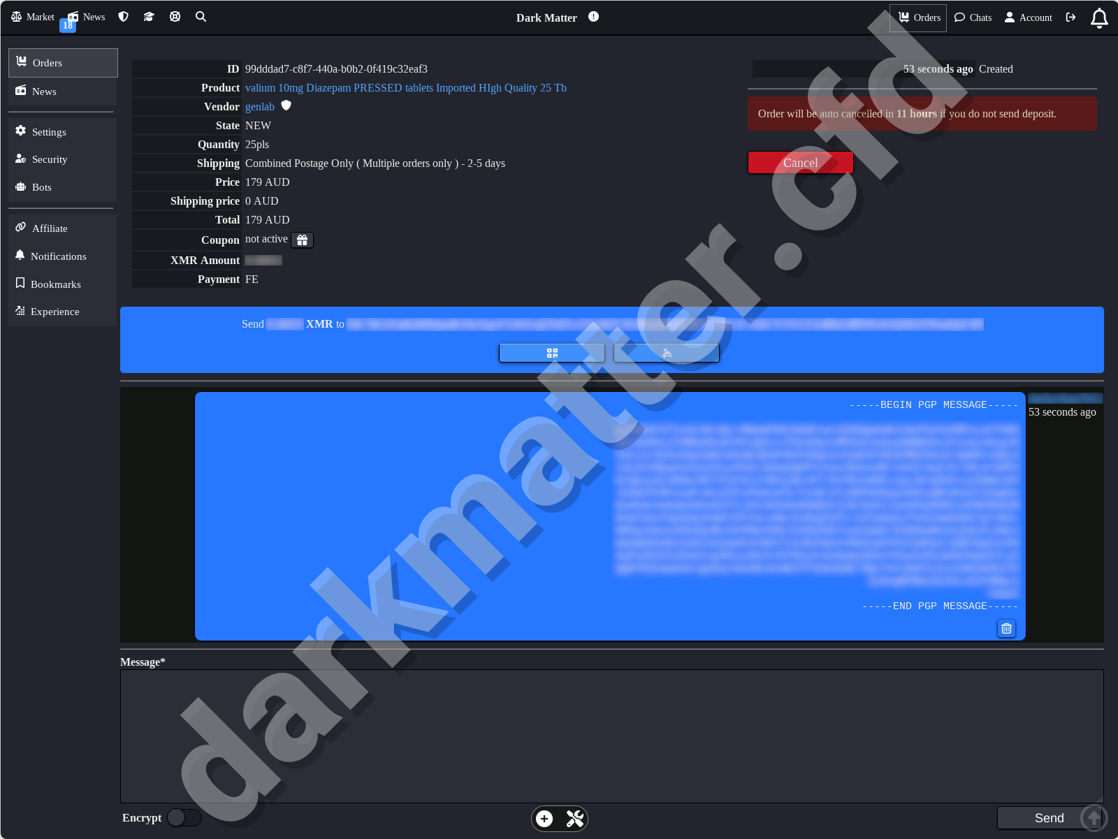 Secure order process on Dark Matter Market Link