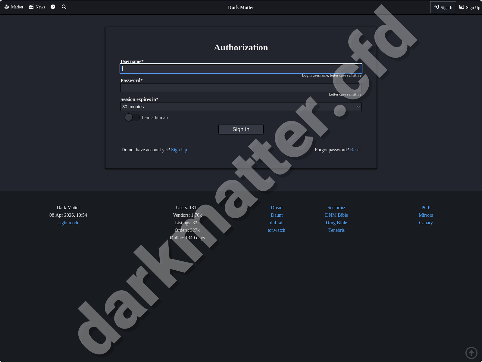 Dark Matter Market Link secure login